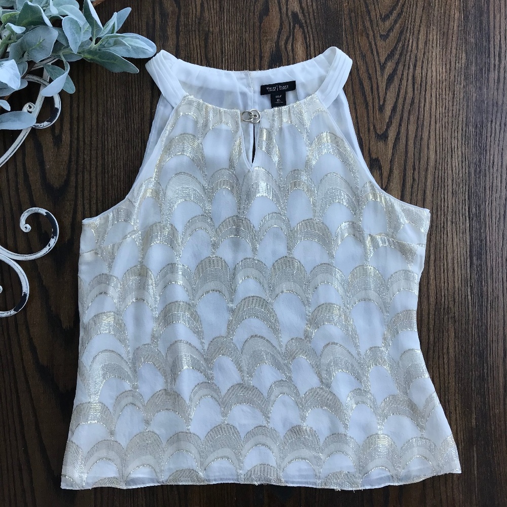 White House Black Market White Silver Gold Blouse